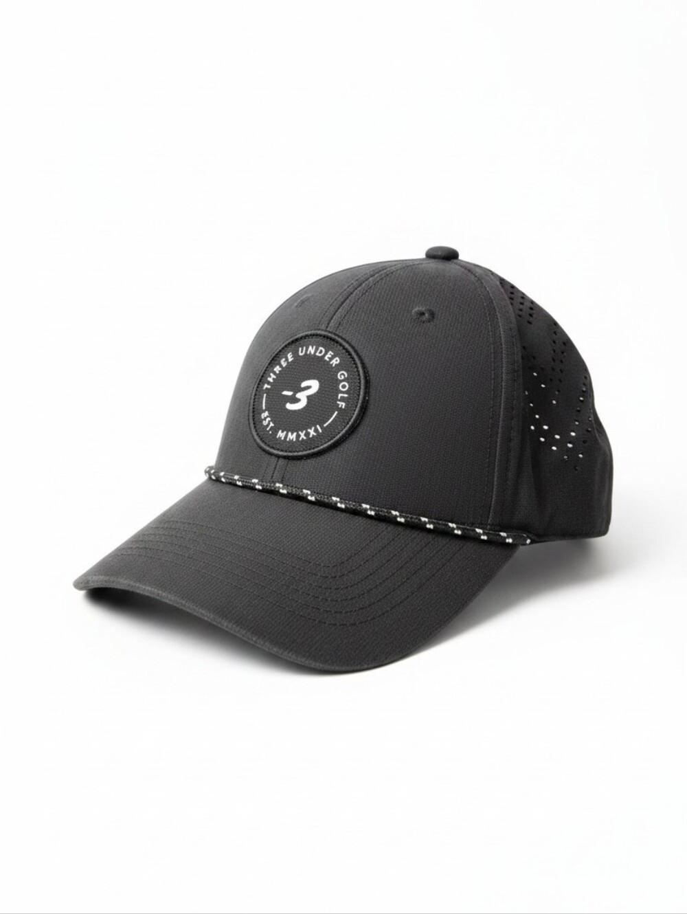 Three Under Golf Black Rope Snapback Hat Performance Breathable Cap OSFM
